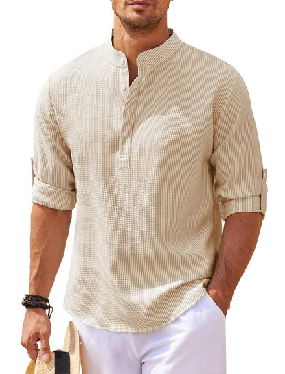 Men's Casual Shirt  Long Sleeve Stand Collar Solid Color Shirt Mens Clothing