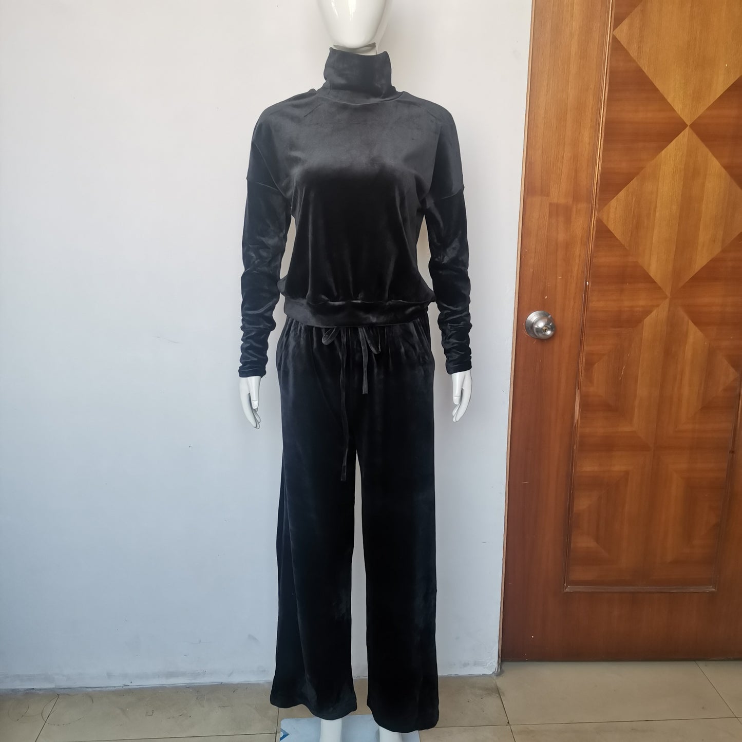 Silver Fox Velvet Turtleneck Long Sleeve Top Drawstring Trousers Suit