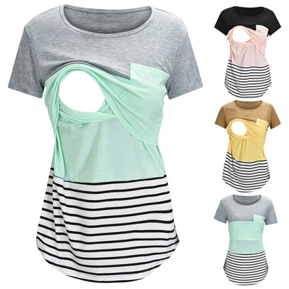 New Maternity Clothes Casual Tops Nursing For Breastfeeding T Shirt Striped Print Women Maternity Short Sleeve Maternity Blouse