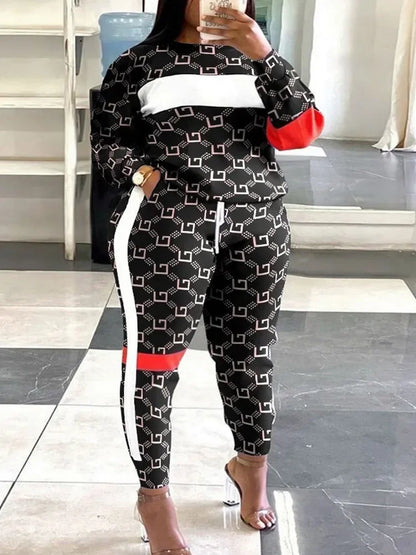 Sets Outifits 2023 New Plus Size Geometric Print Colorblock Sweatshirt & Striped Sweatpants Set of Two Fashion Casual Pieces