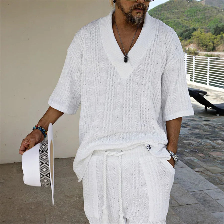 2024 Summer Casual Shorts Set Knitted Two Piece Men's Clothing