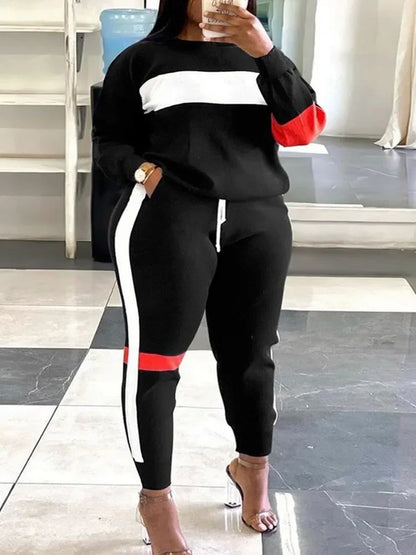 Sets Outifits 2023 New Plus Size Geometric Print Colorblock Sweatshirt & Striped Sweatpants Set of Two Fashion Casual Pieces