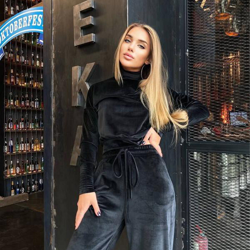 Silver Fox Velvet Turtleneck Long Sleeve Top Drawstring Trousers Suit